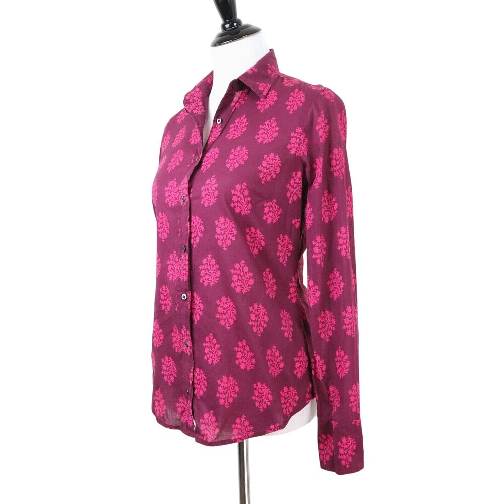 J Crew Size 0 Perfect Shirt Cotton Blend Button Down Pink Fern Print